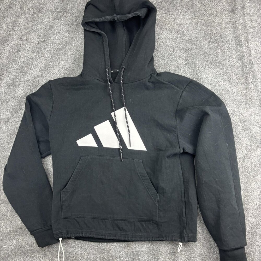 Adidas Hoodie Womens Medium Black White Badge of Sport‎ Pullover Drawcord Hem